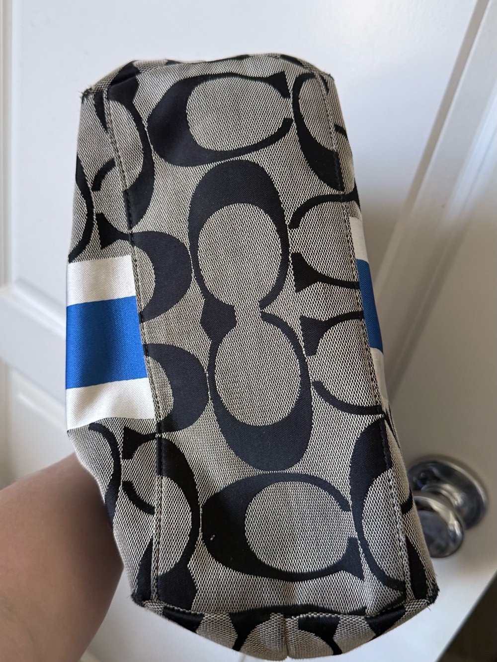 Coach Grey Monogram Shoulder Bag with Blue Stripe and Black Trim - Picture 11 of 12